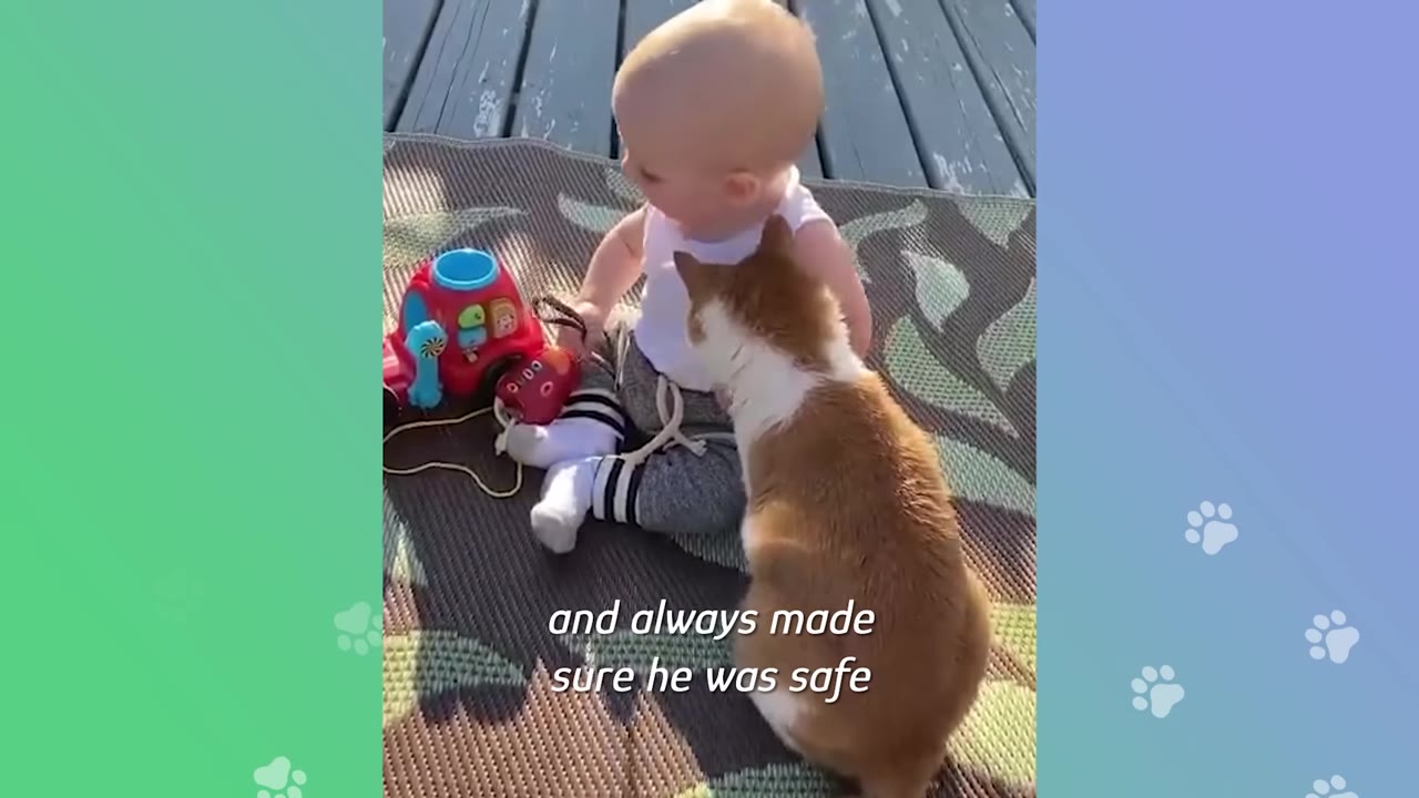 An orange and white cat sits closely next to a baby sitting on an outdoor mat with a toy.
