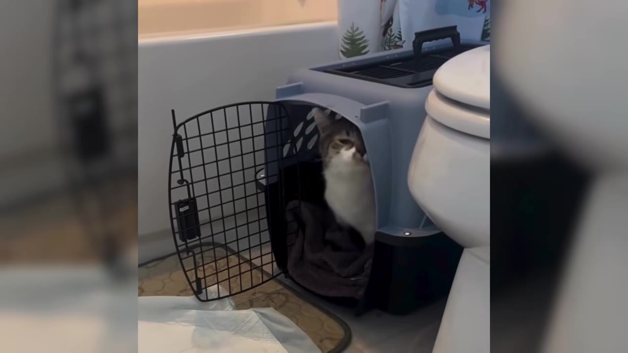 A brown and white cat peeking out of an open blue and black pet carrier on a bathroom floor.