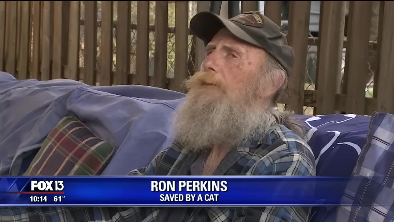 A close-up shot of Ron Perkins, an older man with a long grey beard and a dark cap, sitting outdoors in front of a wooden fence.