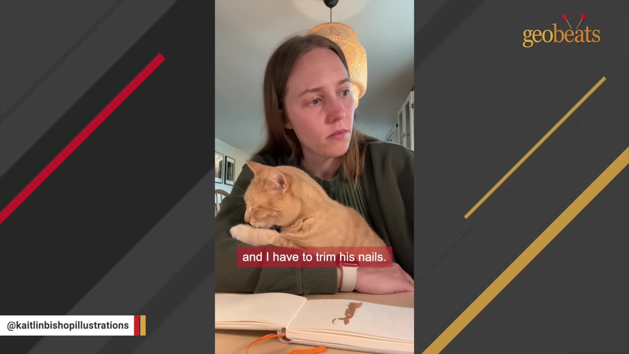 An orange cat sits on a woman's lap licking its paw, with text on screen reading 'and I have to trim his nails.'