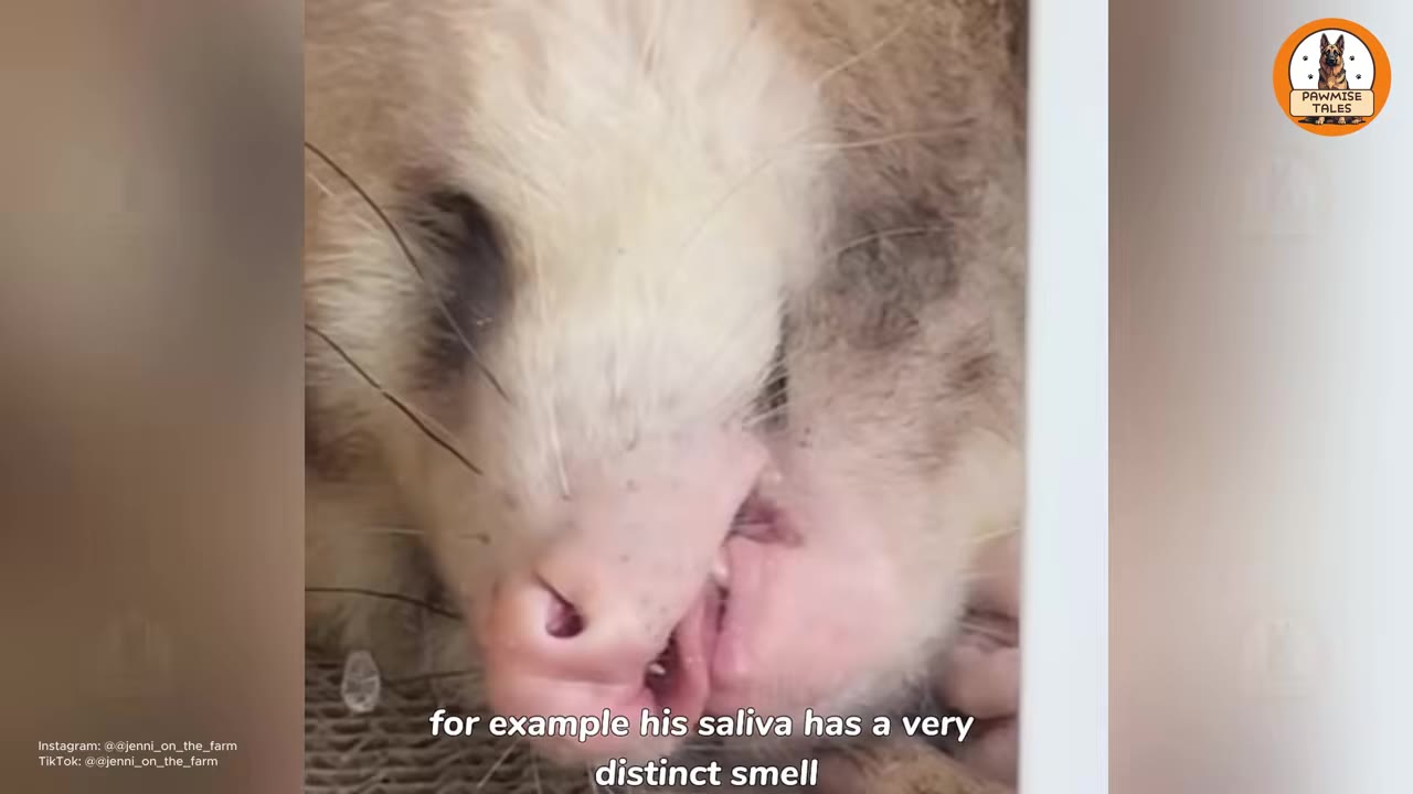 A close-up shot of a possum's face, focusing on its pink nose and mouth.