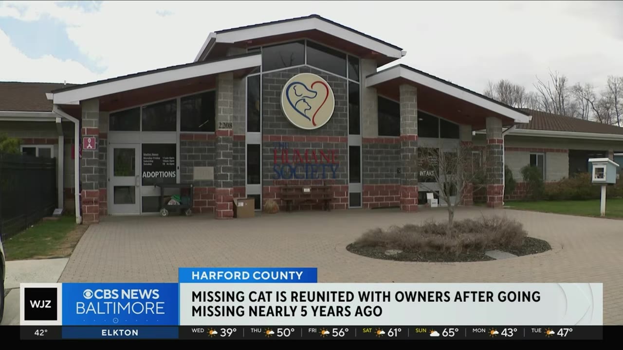 The exterior of the Harford County Humane Society building with its logo and name visible on the front facade.