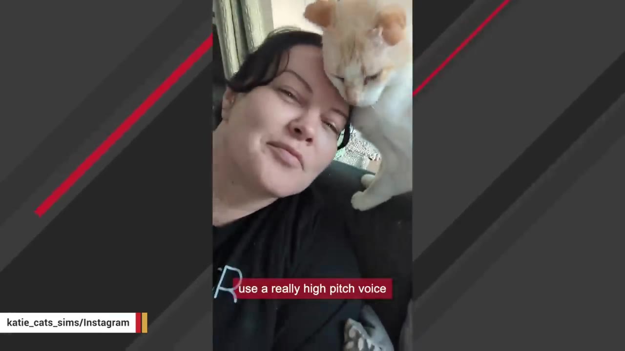 A woman with dark hair smiles as a light-colored cat presses its head affectionately against hers, with a text overlay that reads 'use a really high pitch voice'.