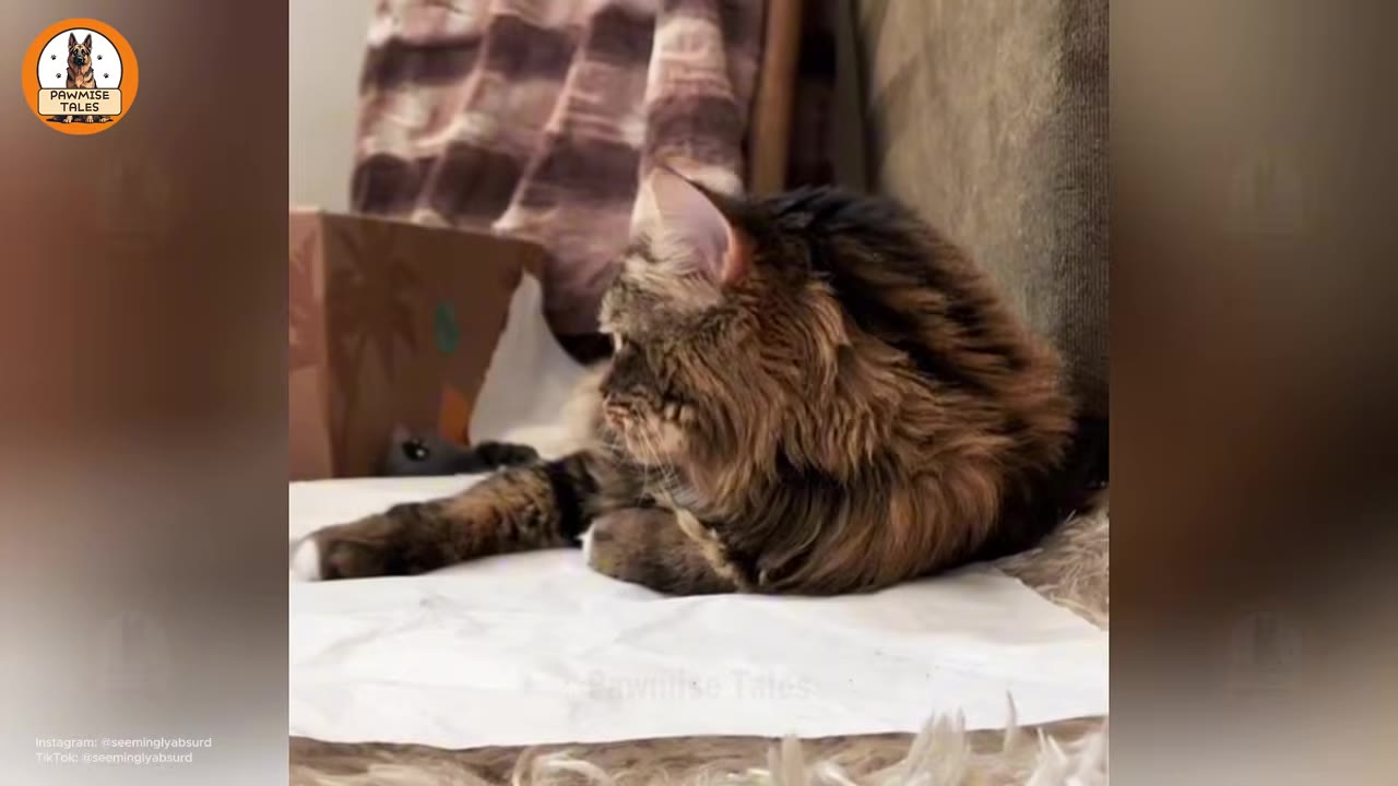 A fluffy, long-haired brown tabby cat lying down on a white sheet, looking to the side.