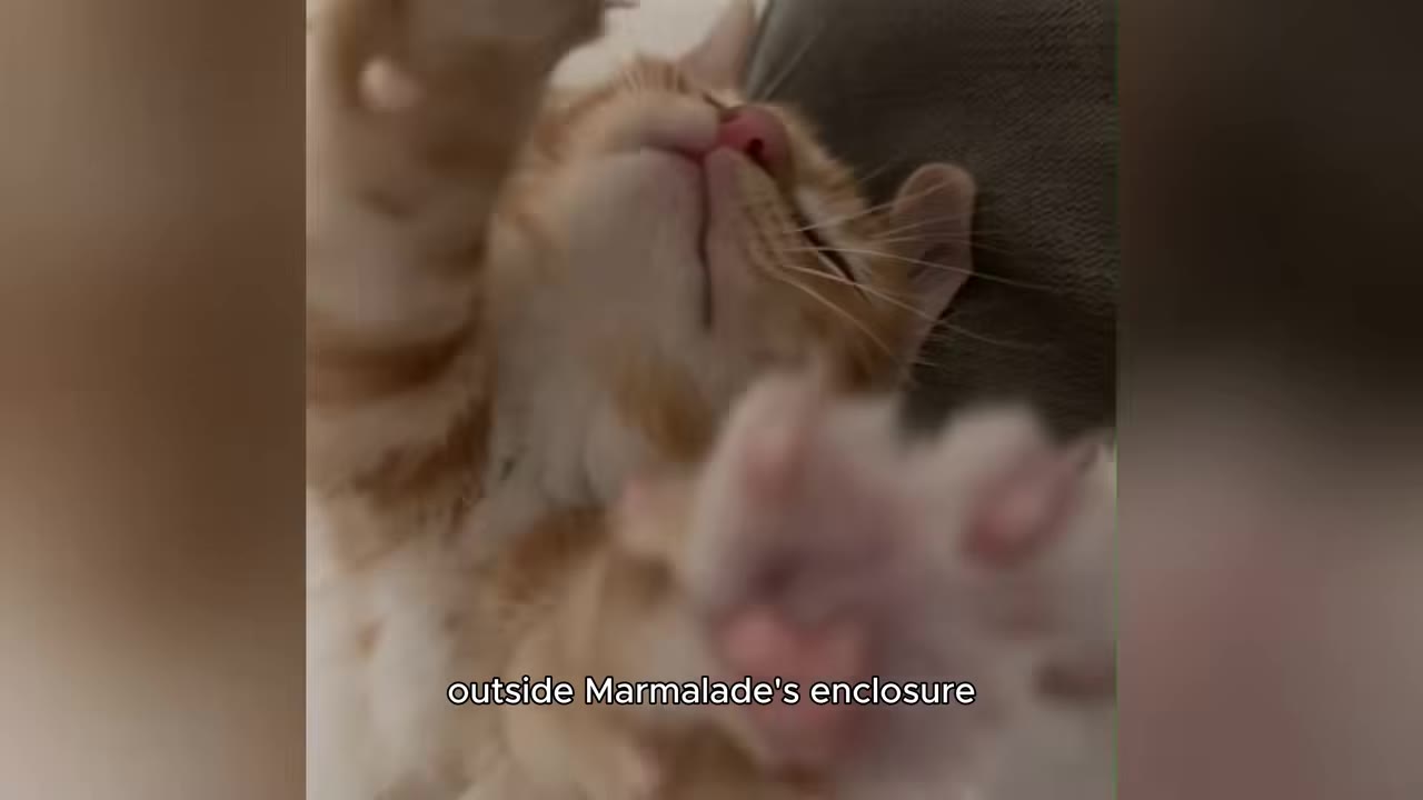 A close-up of an orange tabby kitten looking up with its paws raised, with text overlay reading 'outside Marmalade's enclosure'.