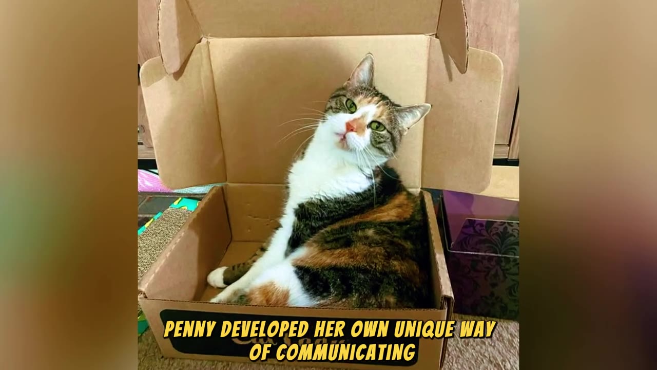 A calico and tabby cat sitting inside a cardboard box, tilting her head and looking directly at the camera.