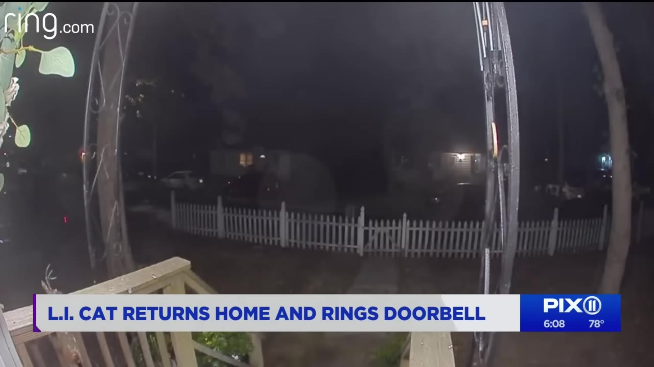 A night-vision security camera view of a quiet suburban front yard with a white picket fence under a dark night sky.