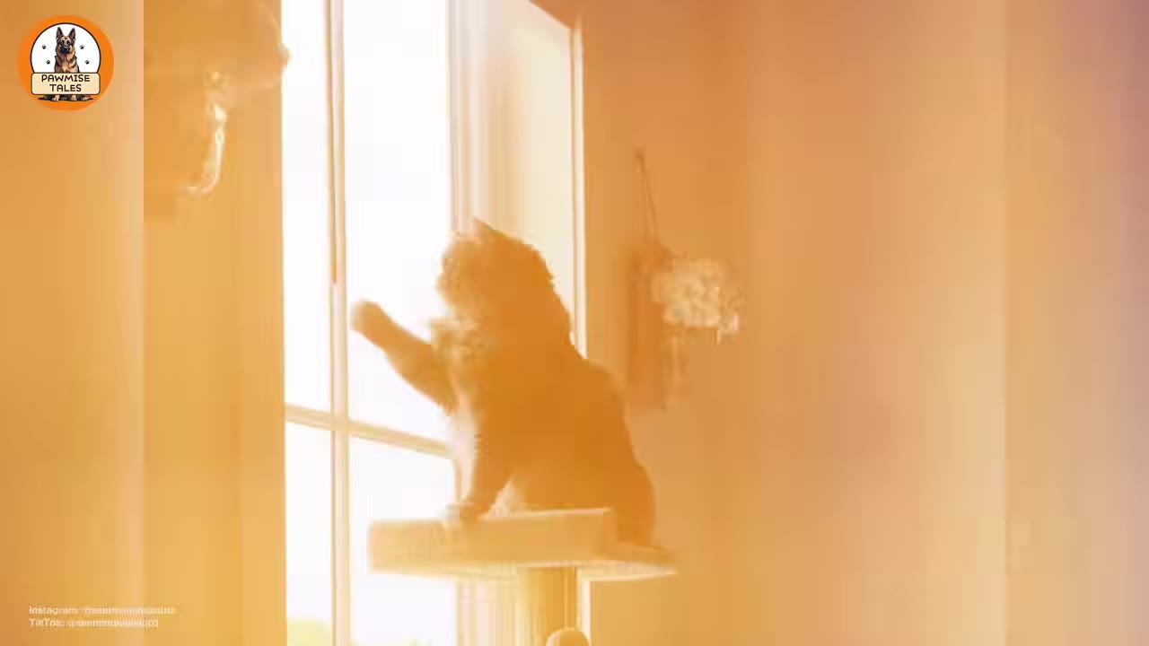 A fluffy cat sits on a cat tree in warm, hazy sunlight, raising its paw to touch a window pane.