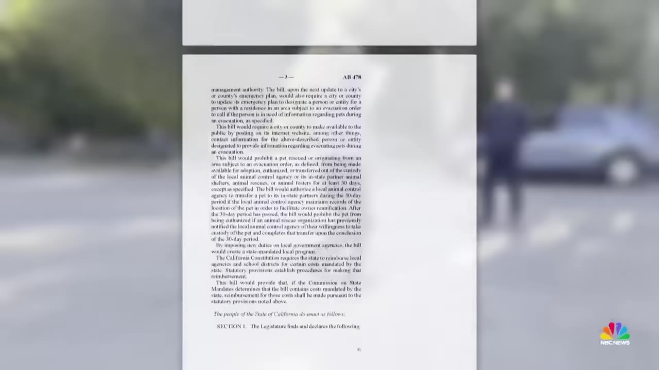 A close-up of a legislative document, Assembly Bill 478, which addresses the care and evacuation of pets during emergencies.