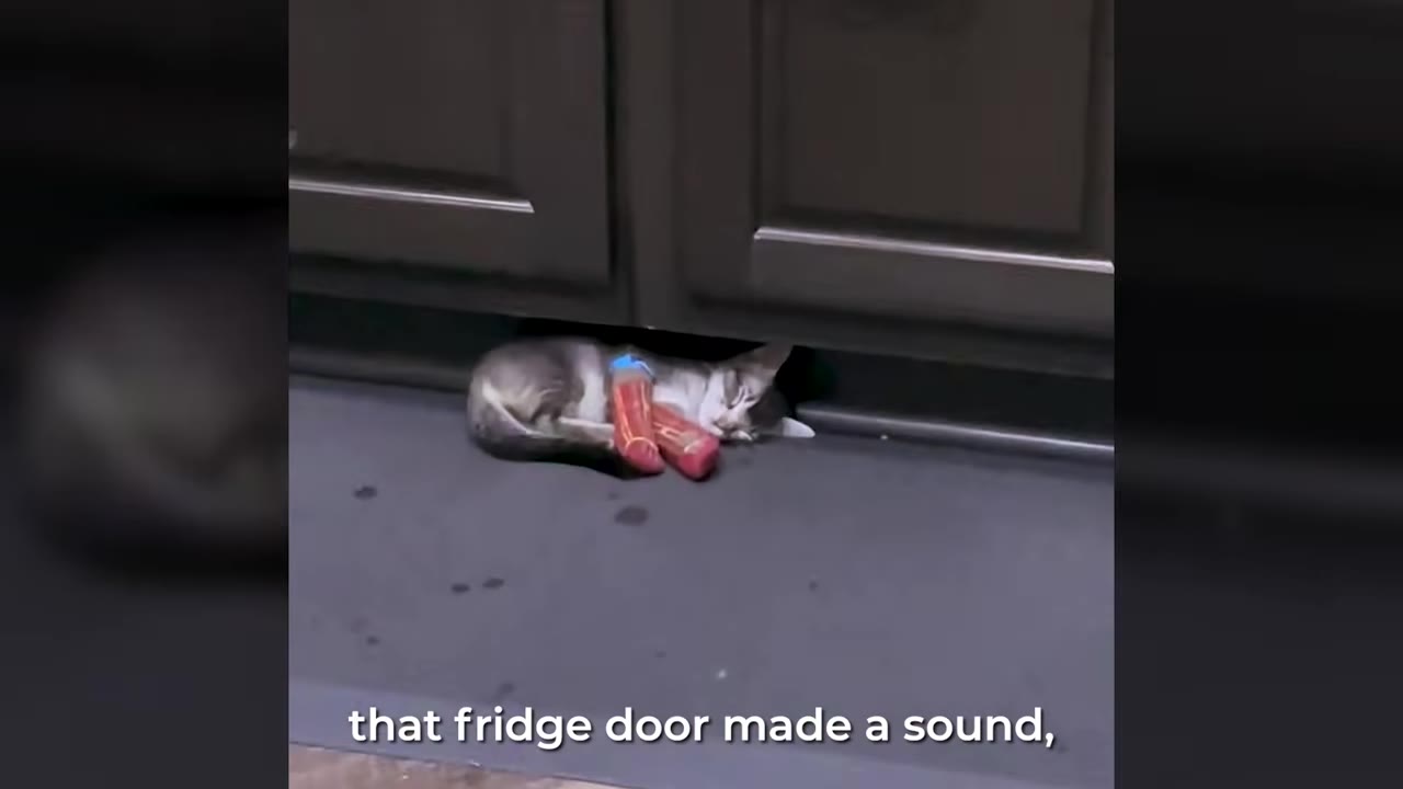 A small grey and white kitten lies on a grey floor mat under a dark cabinet, wearing bright red splints on its front legs.
