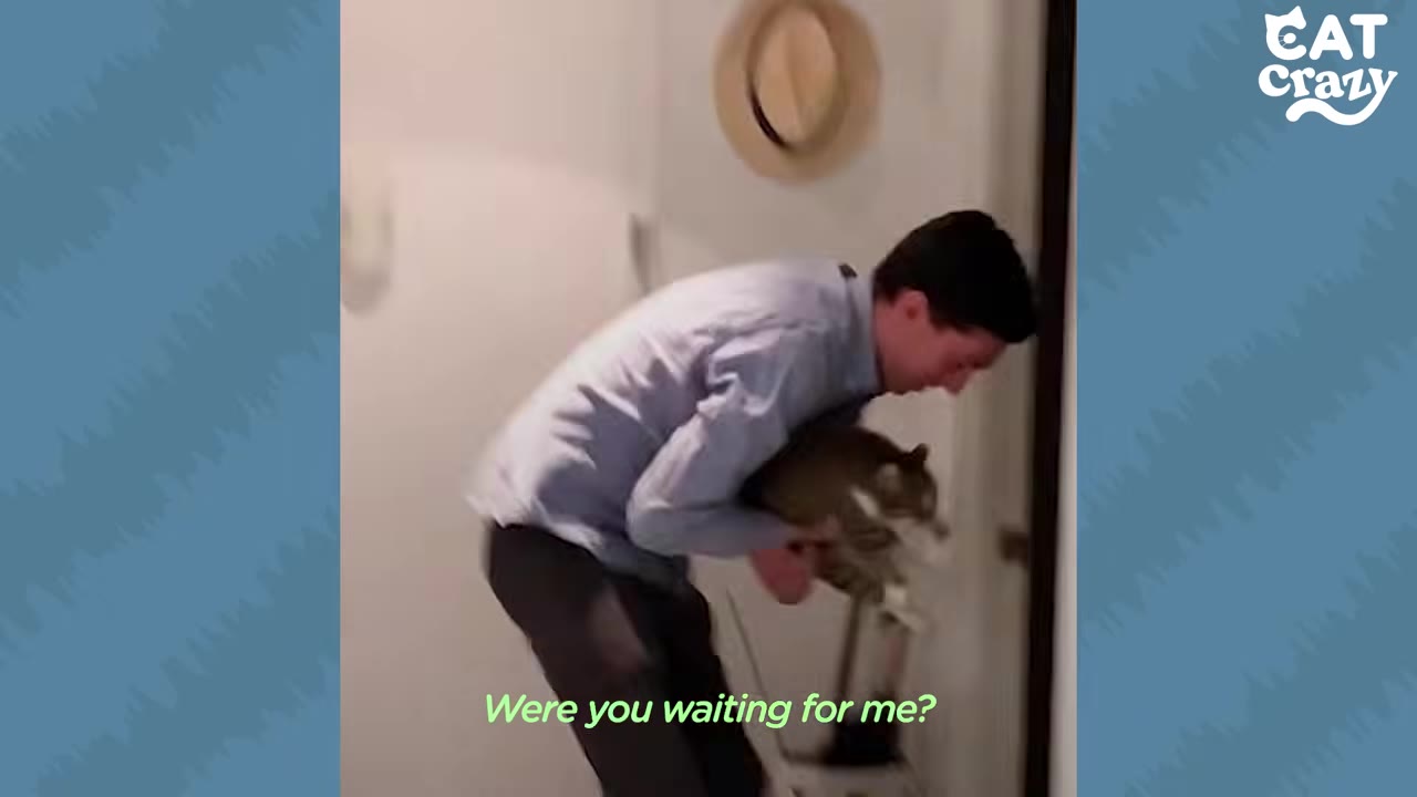 A man in a light blue button-down shirt bends down to scoop up a tabby cat near an open doorway.