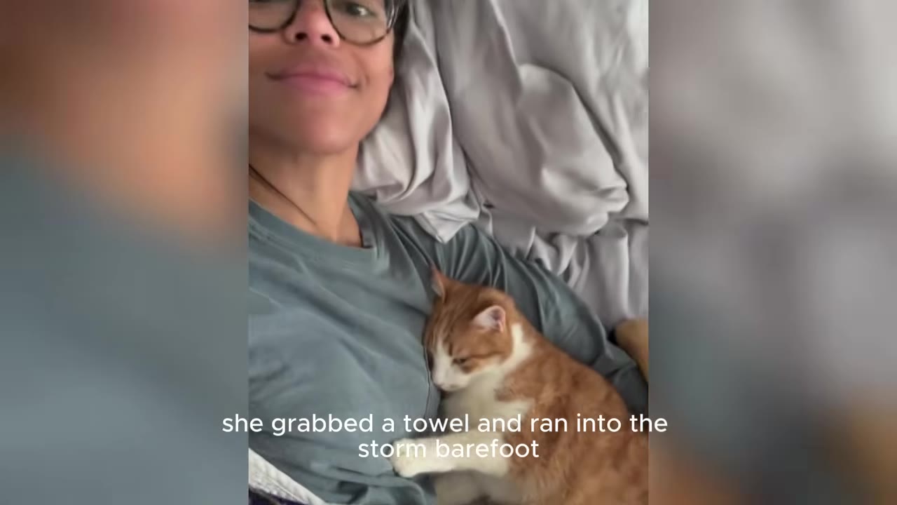A woman wearing glasses lies in bed with an orange and white cat resting on her chest, with text overlay reading 'she grabbed a towel and ran into the storm barefoot'.