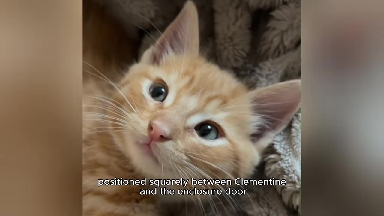 A close-up of a light orange tabby kitten lying down on a soft, textured grey blanket, looking up with wide eyes.