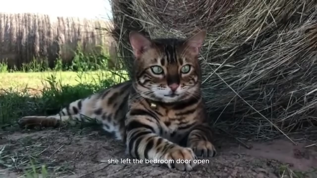 A spotted Bengal cat with green eyes lies on the ground next to a large round hay bale.