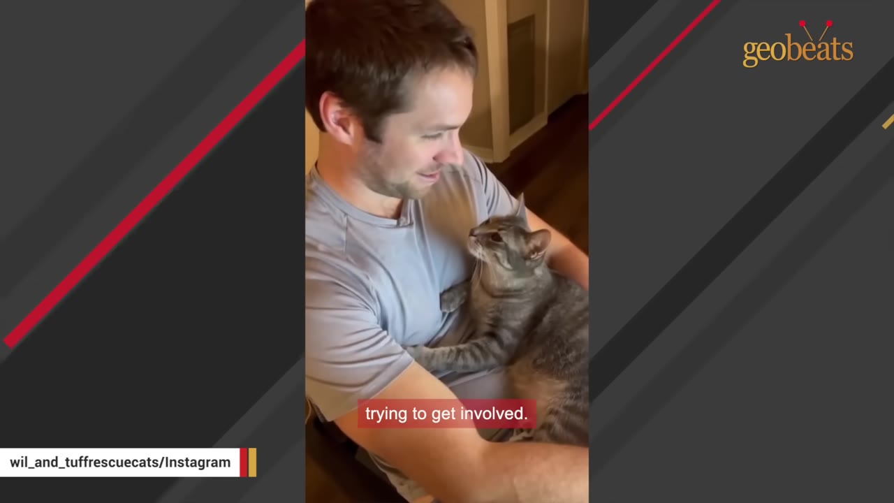 A man smiling down at a tabby cat lying on his chest and looking up at him.