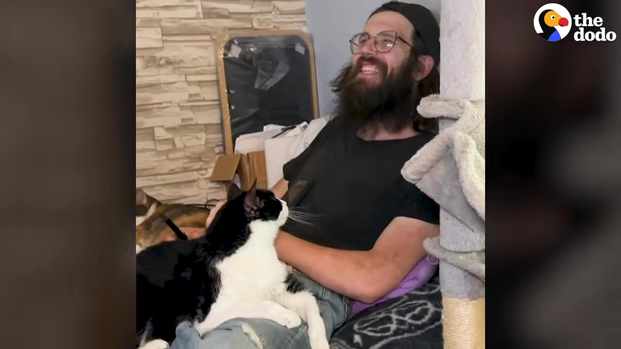 A smiling man with a beard and glasses sits back with a black and white cat resting on his lap.