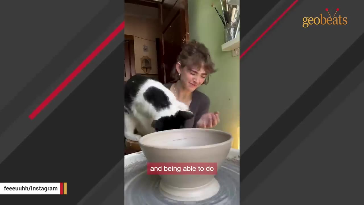 A woman smiles warmly at her black and white cat as it stands next to a clay bowl on a pottery wheel.