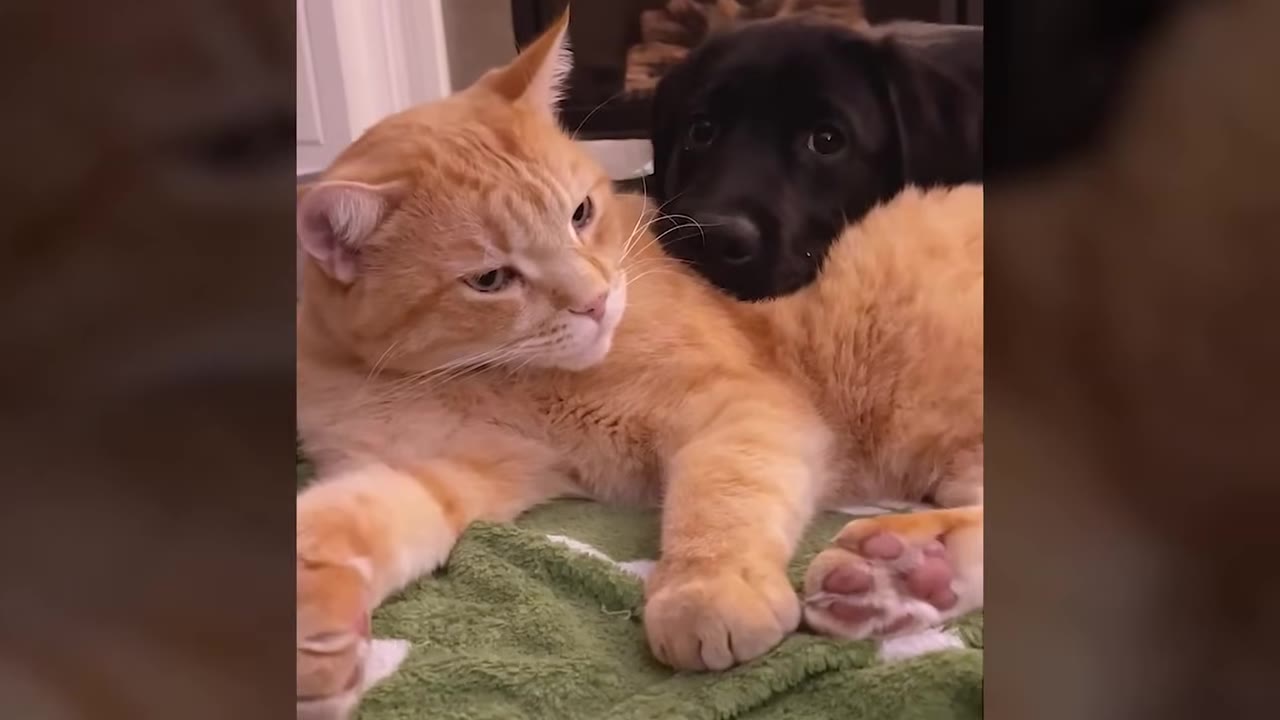 An orange tabby cat lies calmly on a green blanket while a black puppy rests its head on the cat's back.