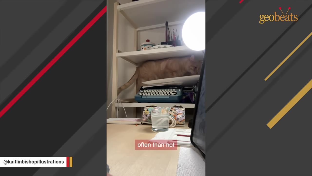 An orange cat climbs onto a shelf above a typewriter on a desk.