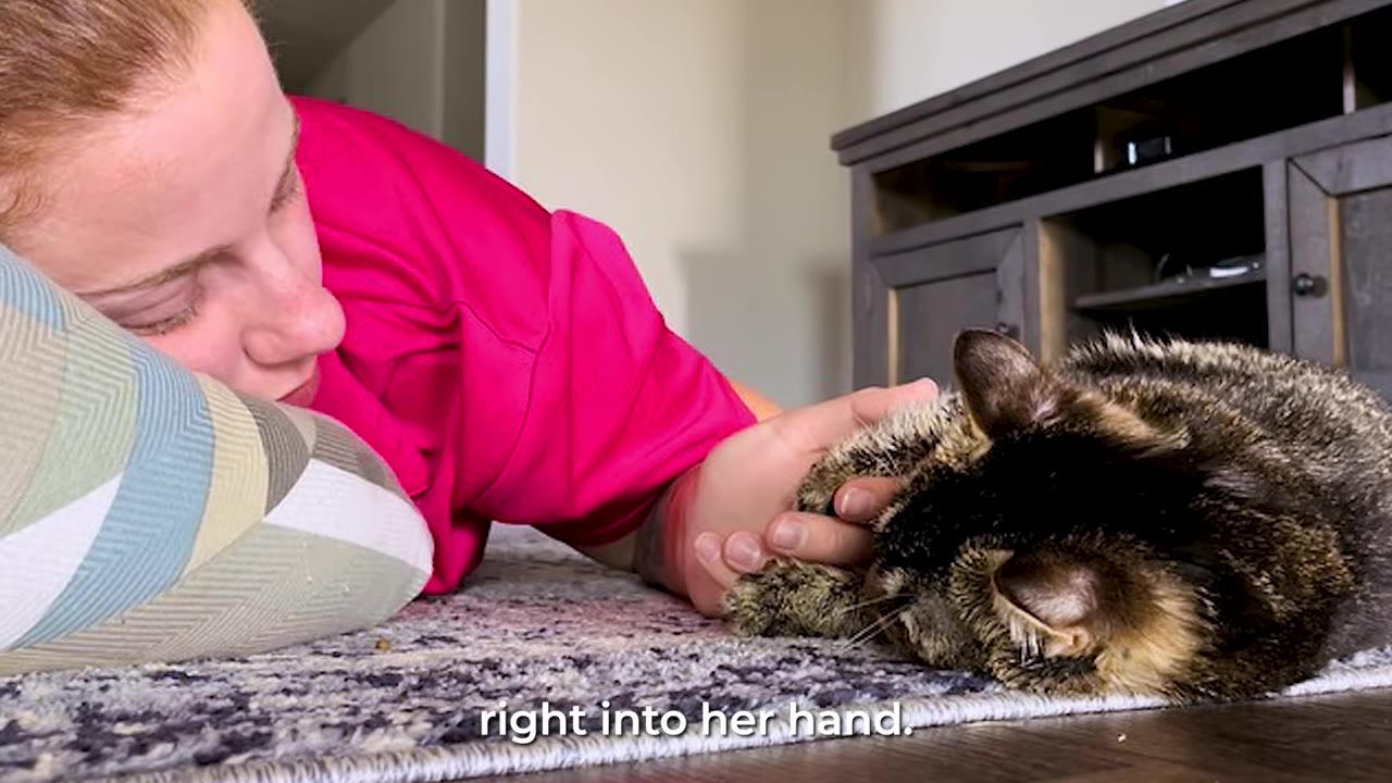 A woman lies on the floor with her head on a pillow, holding the paw of a tabby cat lying beside her.