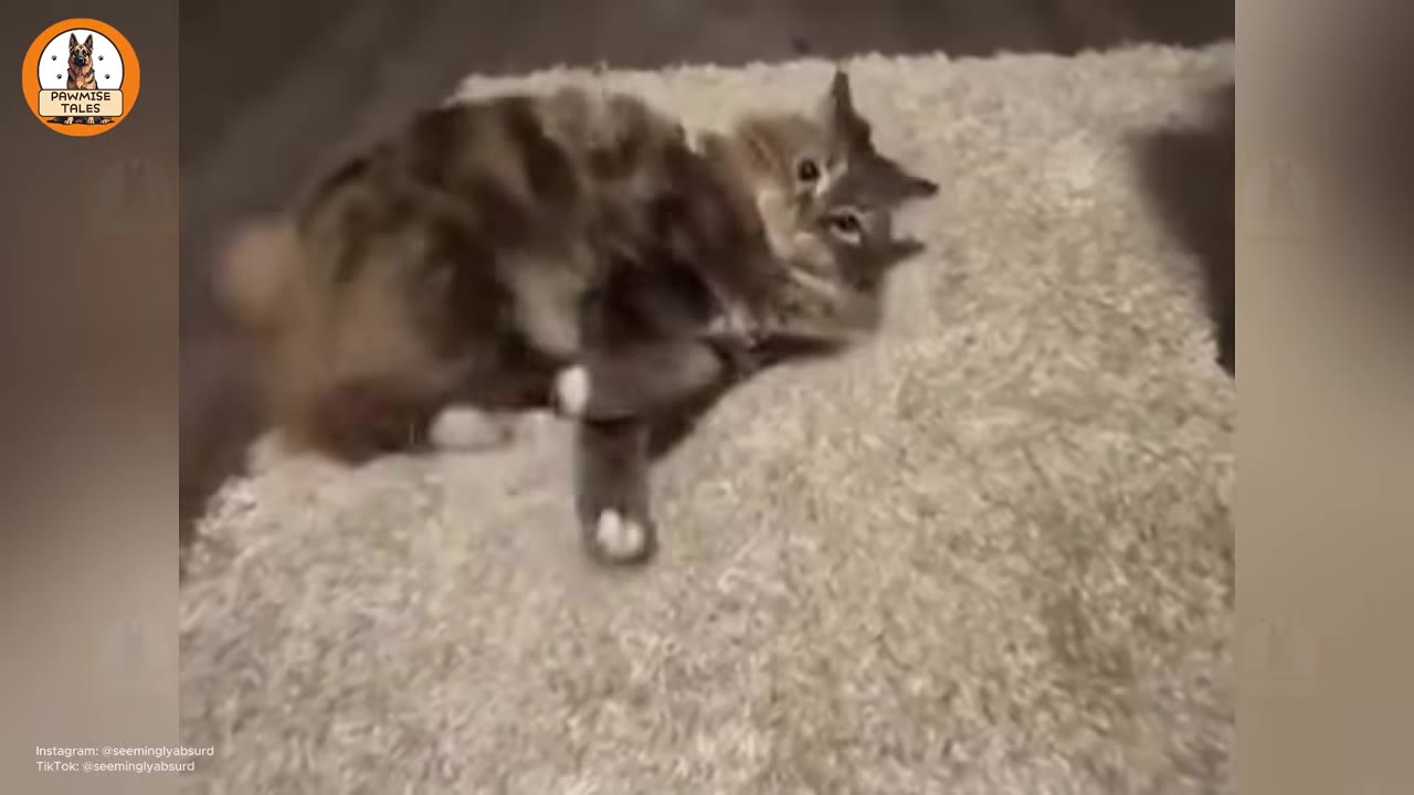A fluffy, long-haired tabby cat rolls playfully on a textured beige rug, looking up with wide eyes.