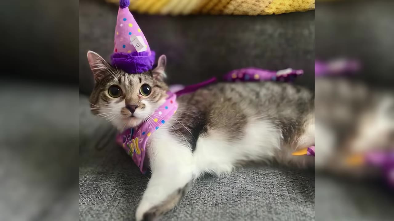 A tabby and white cat wearing a purple party hat and a pink polka-dot bandana lies on a grey couch.