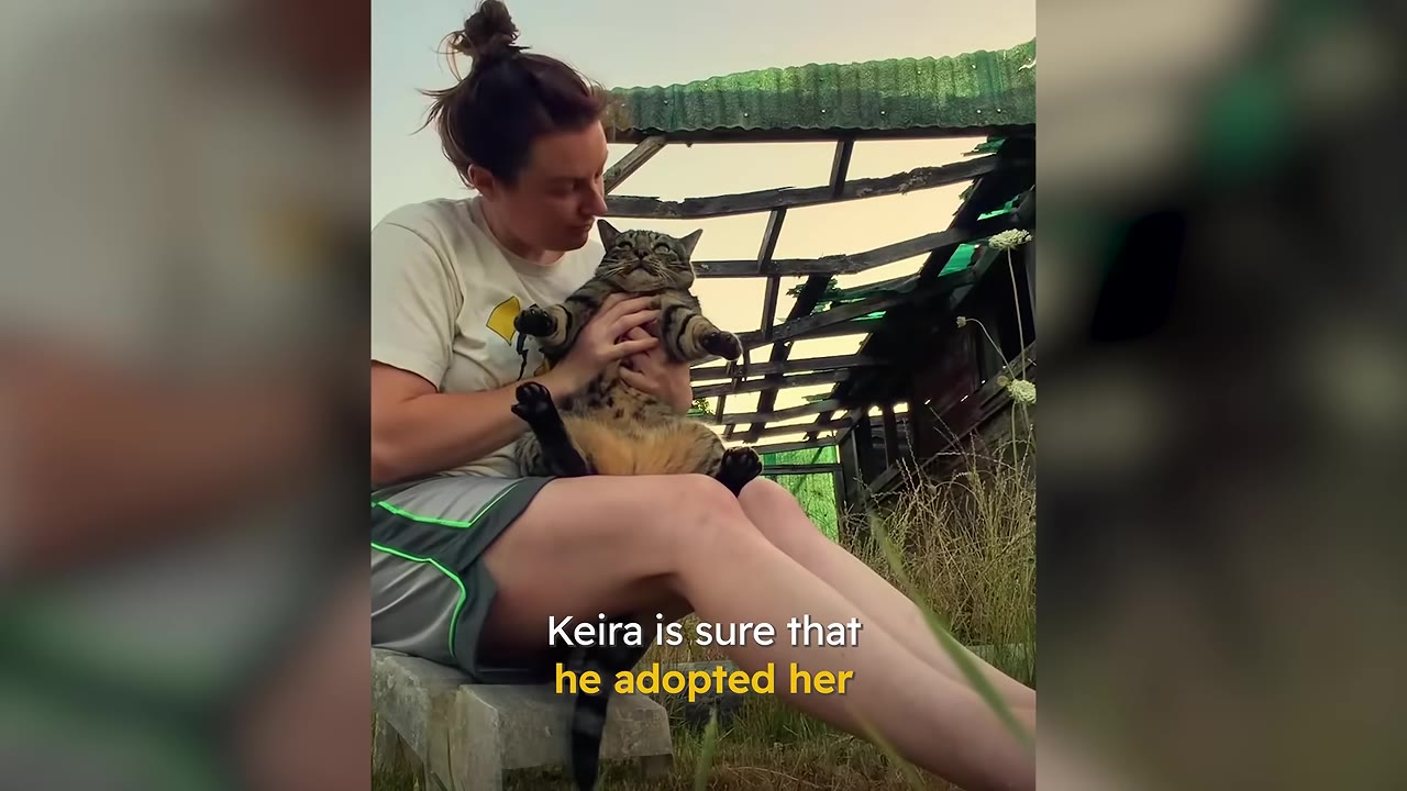 A woman sitting outdoors on a bench, holding a tabby cat on her lap and looking down at it affectionately.