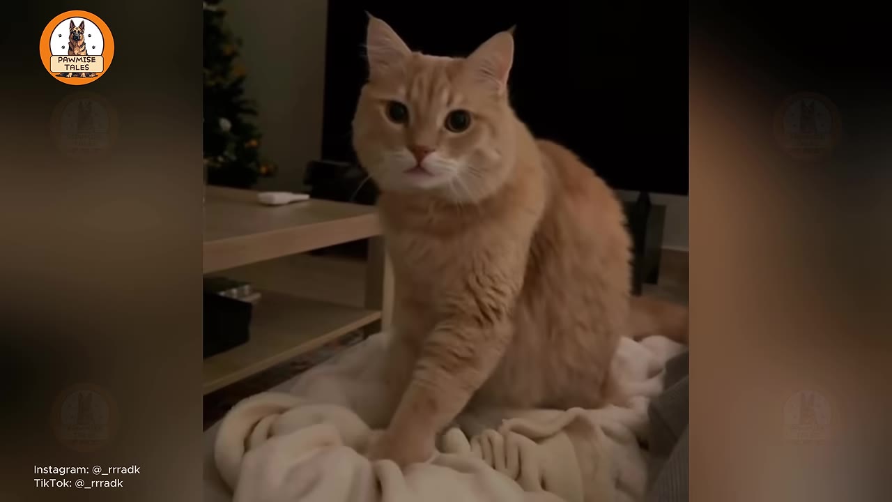 An orange fluffy cat sits on a soft white blanket, looking directly at the camera with wide, curious eyes.