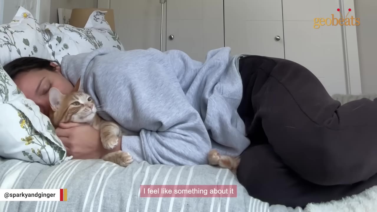 A woman lying in bed cuddles an orange tabby cat close to her face.
