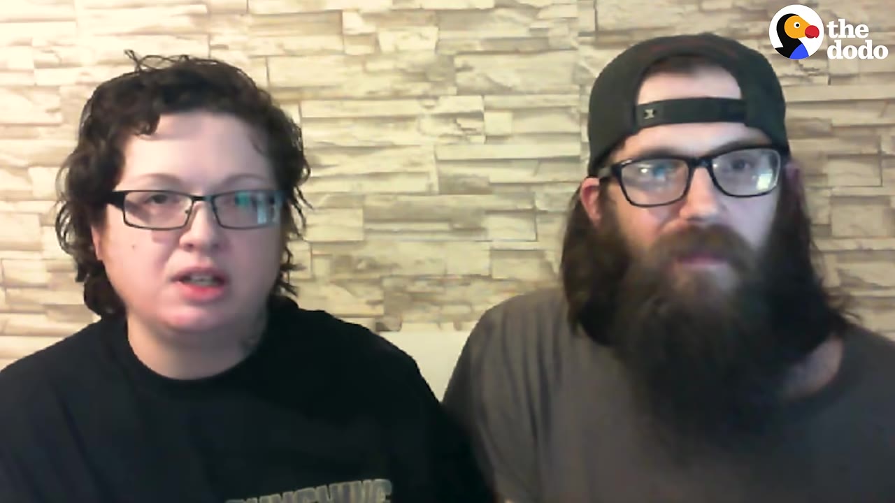 A man with a beard, glasses, and a black cap sits next to a woman with short curly hair and glasses in front of a stone-patterned wall.