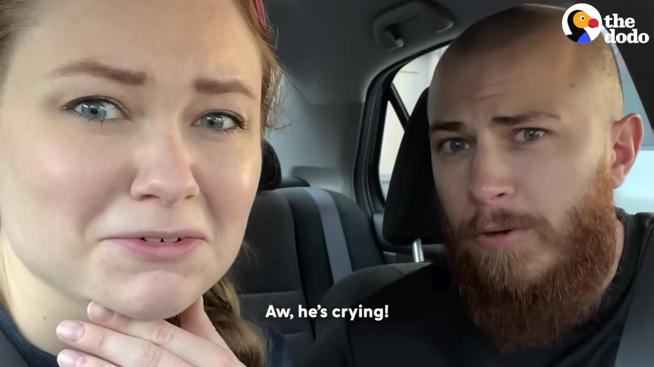 A close-up of a concerned-looking woman and a bearded man inside a car, with a subtitle that reads, 'Aw, he's crying!'