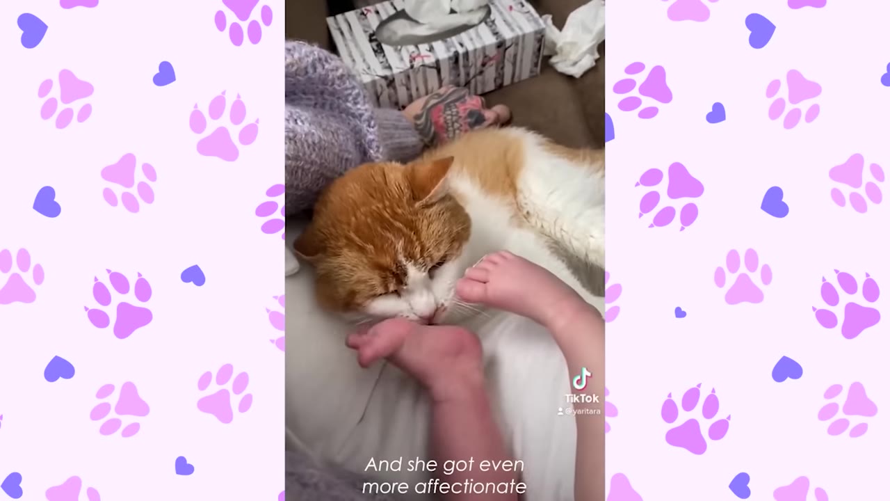 An orange and white cat lies down next to a baby's feet, gently sniffing or licking them.