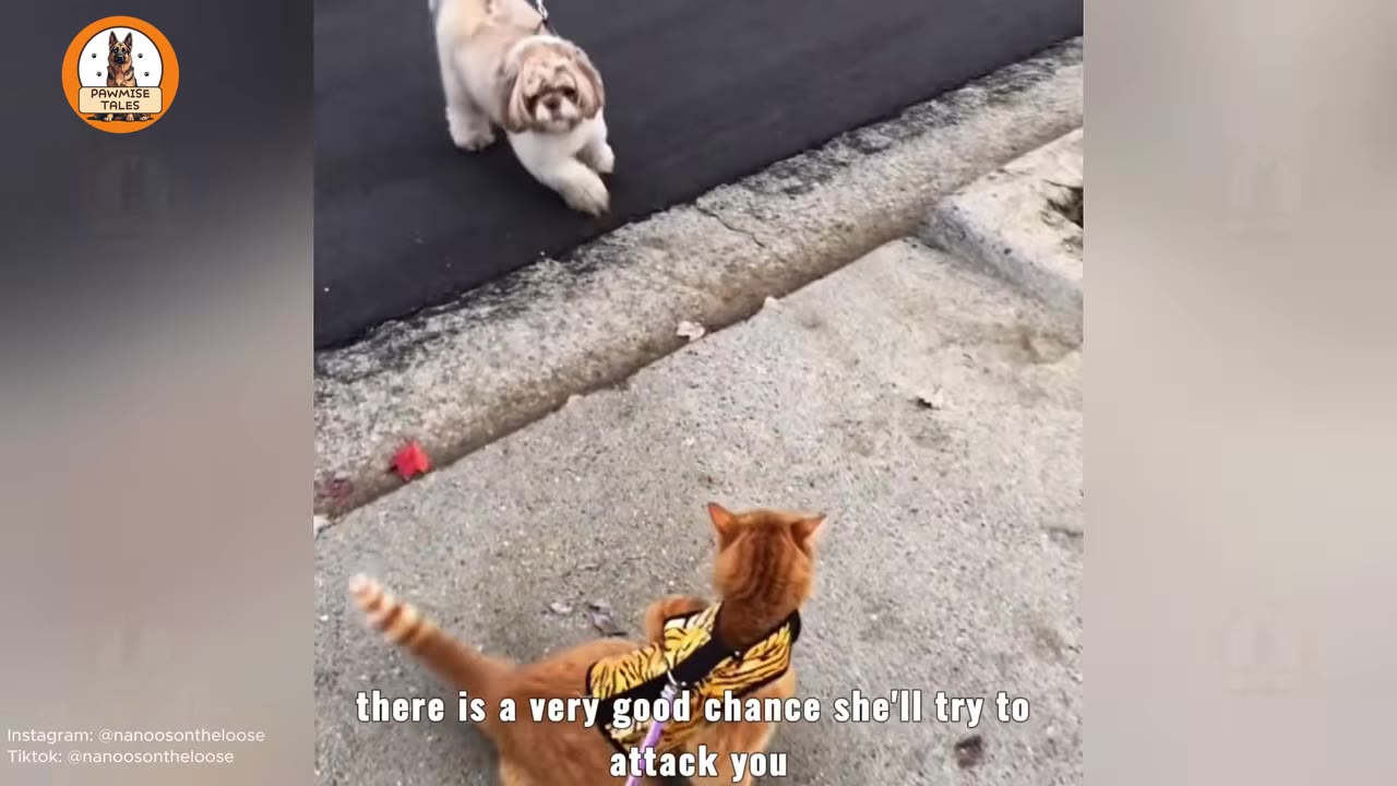 An orange cat wearing a tiger-striped harness stands on a concrete sidewalk, looking towards a small fluffy dog on a leash on the asphalt street.