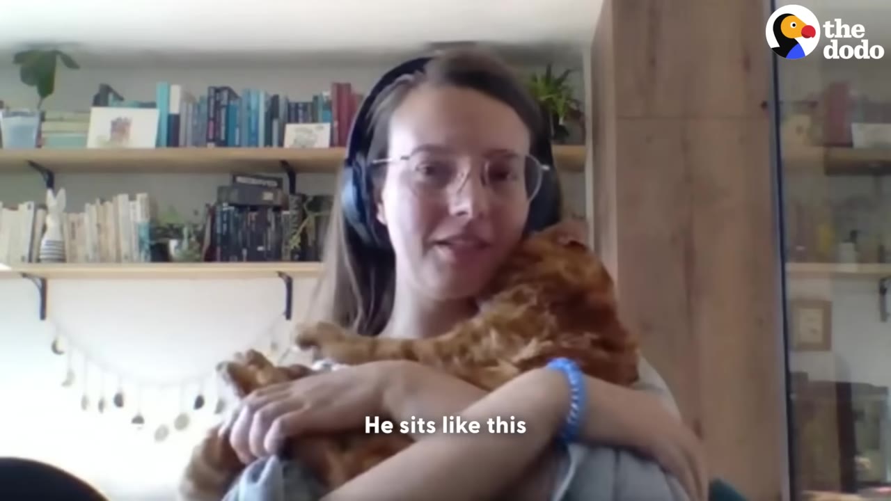 A woman with glasses and headphones smiles as she holds and snuggles an orange tabby cat close to her chest.