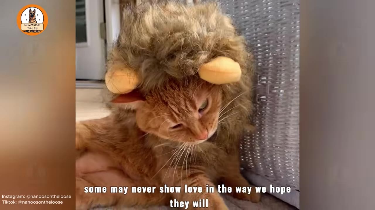 An orange cat wearing a fluffy lion's mane costume with small plush ears, looking downward with a neutral expression.